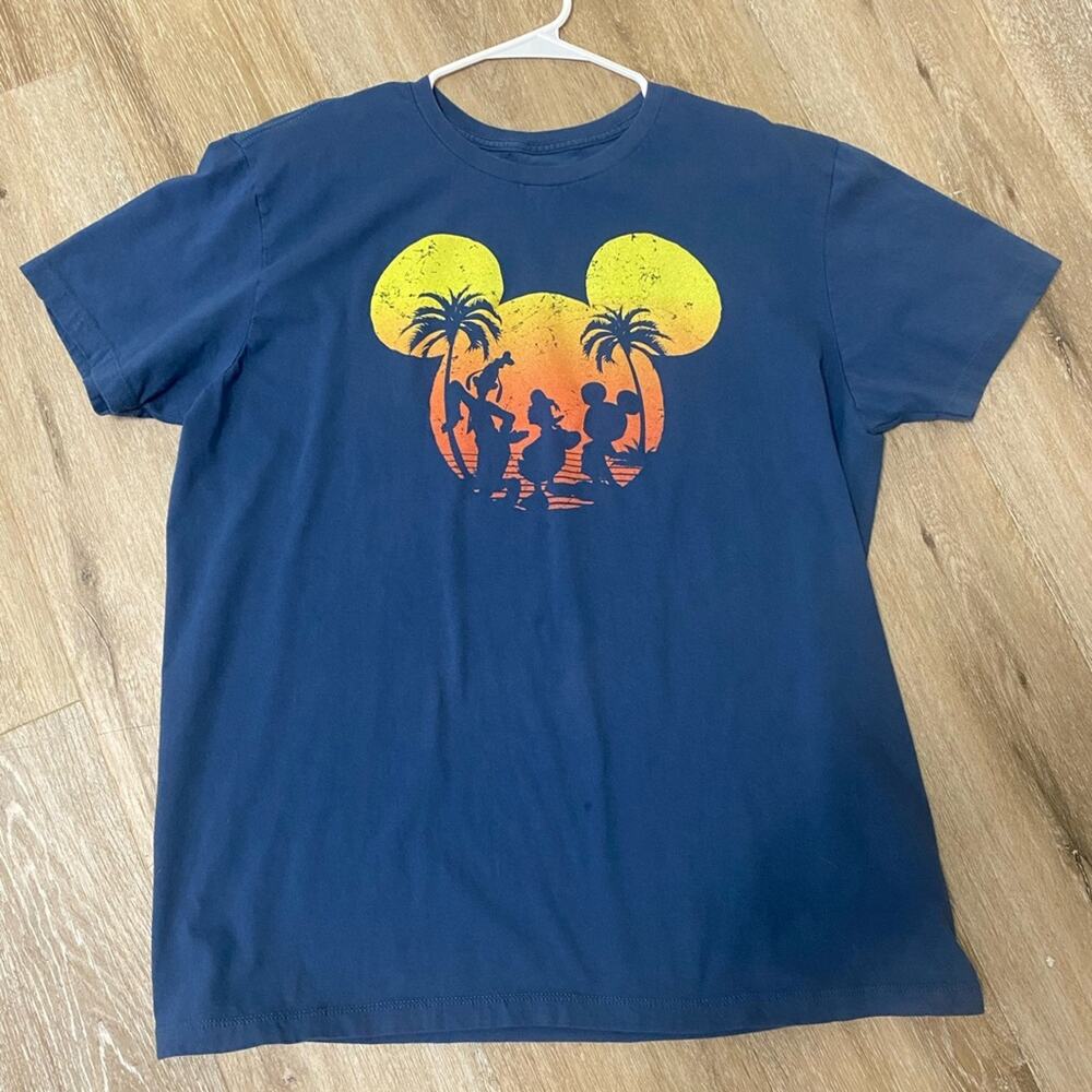 Disney Mickey Mouse Graphic T Shirt XL Navy Blue Tropical Sunset Palm Trees